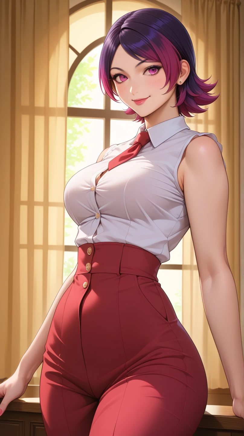 Night time,(Masterpiece), Best Quality, ultra-detailed, 1girl (rinko_iori, Slender and sexy body, big and pretty breasts, dark blue hair, long wave hair, blue eyes, half-closed eyes), evil face, smirk ,parted lips, mascara, full makeup, red lipstick, hookerchic, facing viewer, looking at viewer, solo, shirts, cleavage, red lace bra, bows, pleats skirt, red skirt, ultra mini skirt, red lace panties, losse socks, in the livingroom, standing,Sexy waist teasing, hands on hips, from_below ,