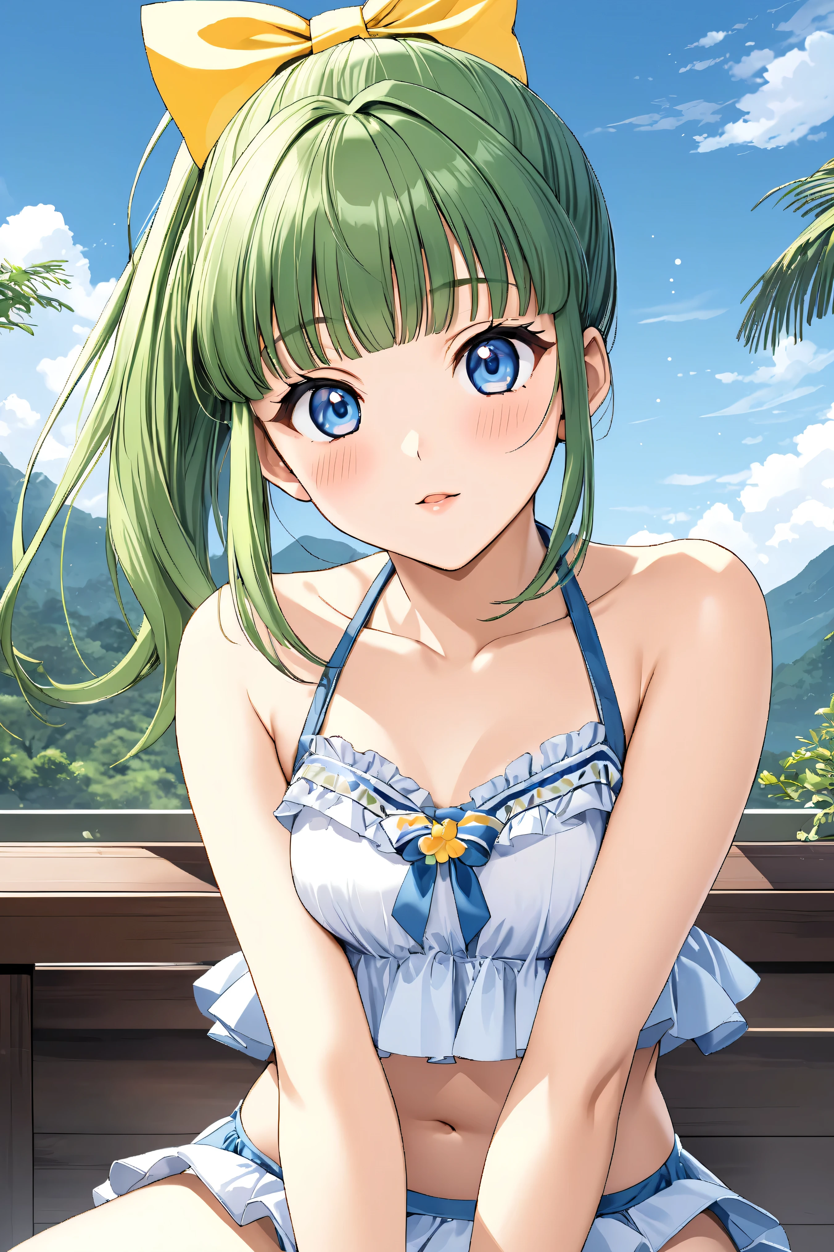 IijimaMiyuki, 1girl, solo, green hair, short hair, ponytail, blue eyes, Yellow bow, hair bow, bangs, small breasts,1990s (style),kadoi aya style,
IijimaMiyuki, 1girl, solo, green hair, ponytail, blue eyes, hair bow, bangs,
1990s (style),kadoi aya style,
blue sky, day,
hair flower, white bikini, frilled swimsuit, bare shoulders,
sitting, upper body, lift up your skirt,
looking at viewer, magic girl, blush stickers,
high resolution, masterpiece, accurate, anatomical correct, best quality, HD, detail, high detail, high quality, quality, retina, highly detailed, textured skin, ultra high definition,