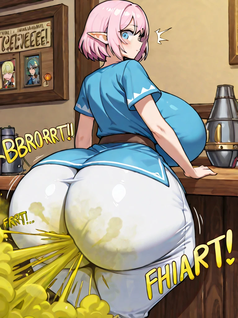 1girl, feminine, background, (freckles), blush, loose pink hair, huge breasts, ((sweat)), view from side, evening shadows, hot breath, open mouth, dimmed lighting, standing, sweaty, ((sweating)), (sweat), big ass, wide hips, toned body, cow ears and small cow horns, cow tail, cow girl, (motion lines), voluptuous, mature, milf, flustered, wearing milk maid outfit, upskirt, market in a modern city, selling milk, market stand, milk bottles, (view from behind), (extremely detailed anus), (detailed pussy), pubic hair, bent over, presenting ass, (ass focus), pussy juice, anal juice, steaming pussy, steaming anus,