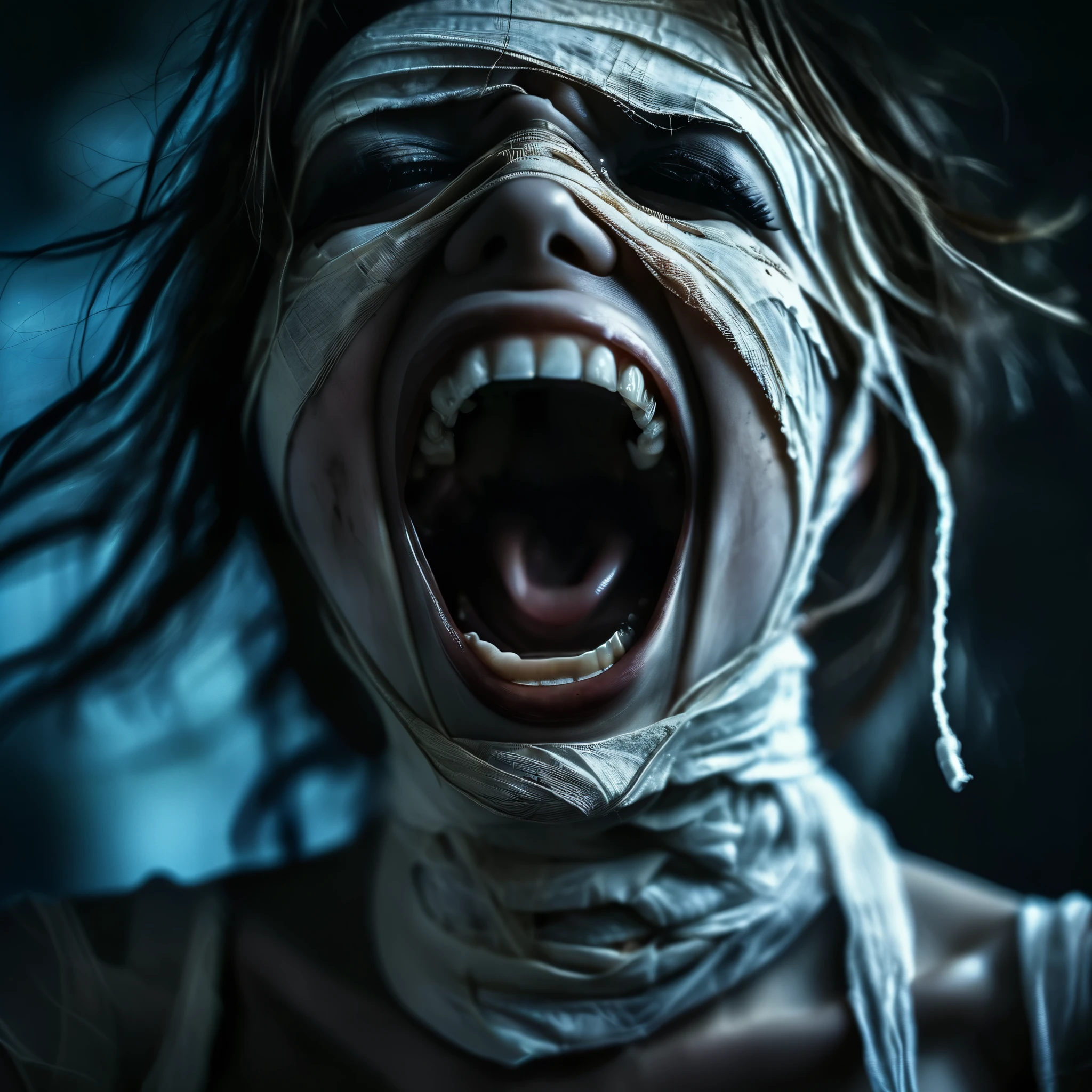 screaming mummy girl with open mouth and visible teeth, bandages, blue eye, professional photo, very detailed and dramatic, expressive cinematic, darkness, bokeh f1.2