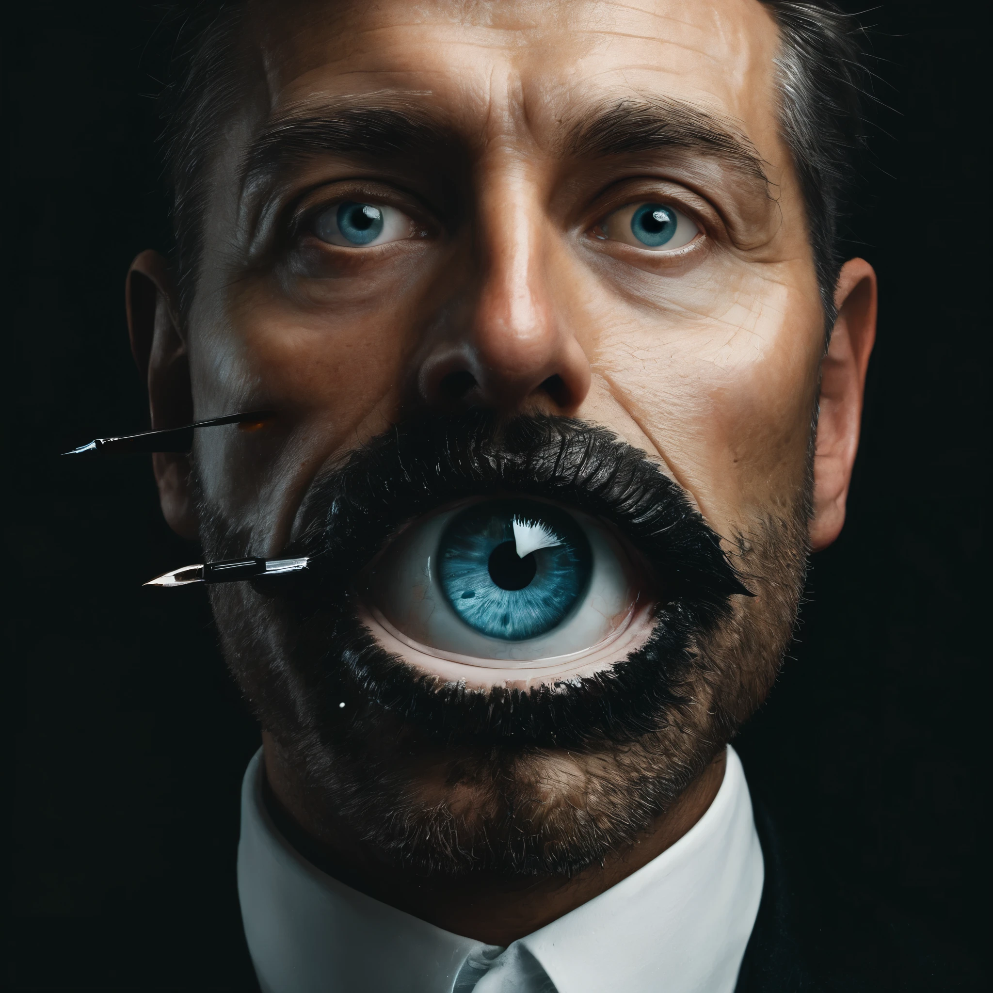 impactful paint of an eye in the mouth of a man, front view highly detailed, 8k, sharp, professional, clear, high contrast, high saturated, , vivid deep blacks, crystal clear