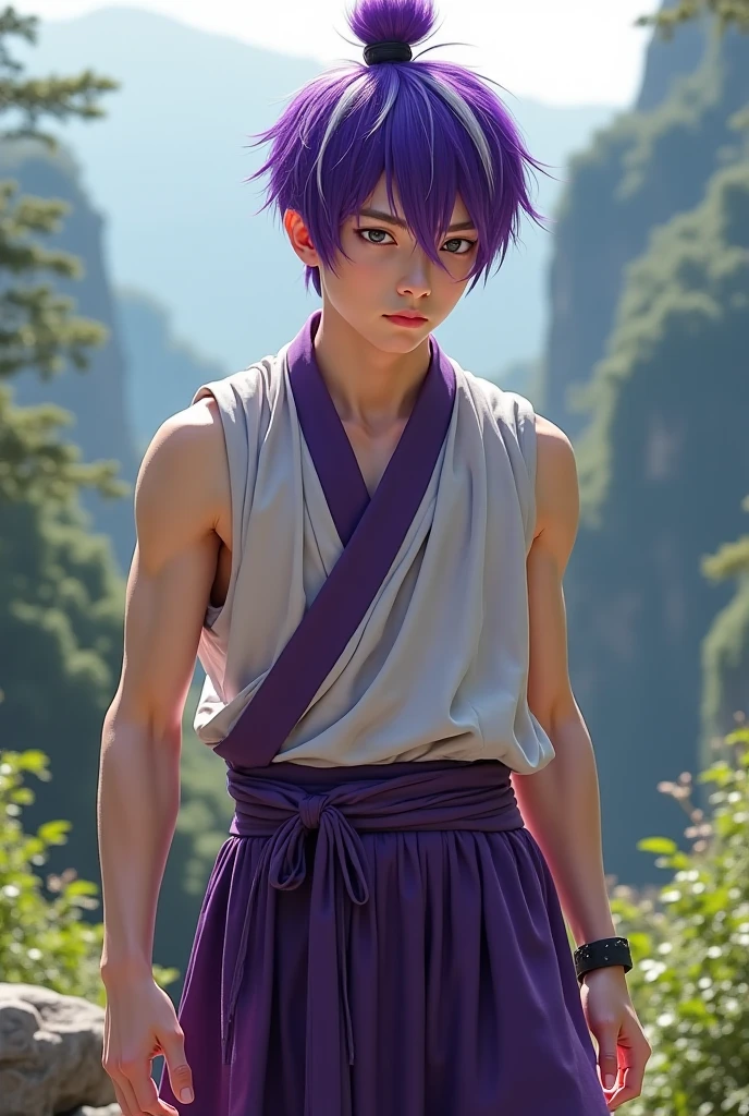 Ojos violetas masculinos masculinos definidos , mongrel violet hair ager 15 years shirtless skin broced clothes of ancient Egypt egyptian palaces in the background