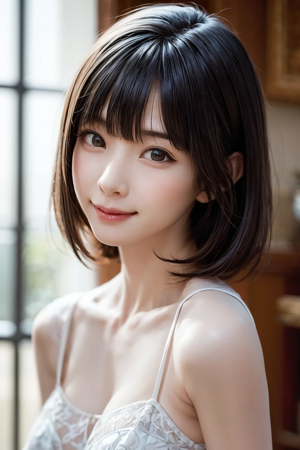 (table top, highest quality、ultra high resolution、face focus focus、focus on the sides、navel focus、decolletage focus、very attractive beauty、Adds intense highlights to the eyes、look closely at the camera:1.4、Absolutely beautiful bangs:1.4、Brunette short bob hair with bangs:1.4),1 girl, Report, black haired, realistic, looking at the viewer, pale black eyes, short hair, lips, lip gloss, Upper body、Big eyes、eyelash)、((italian natural background、hyper real stick:1.4))、((short hair with bangs:1.4、Beautiful bangs with 46 points:1.4、{Huge|big|Hugeな|mega} chest:2, cleavage:2、Big eyes、Give students very powerful highlights、very bigger chest、look at the audience、very beautiful beauty、show me your ears、beautiful long neck、beautiful decollete、smile、A smilee beautiful teeth、Open your mouth and smilee))、28 years old、very cute super model、perfect anatomy