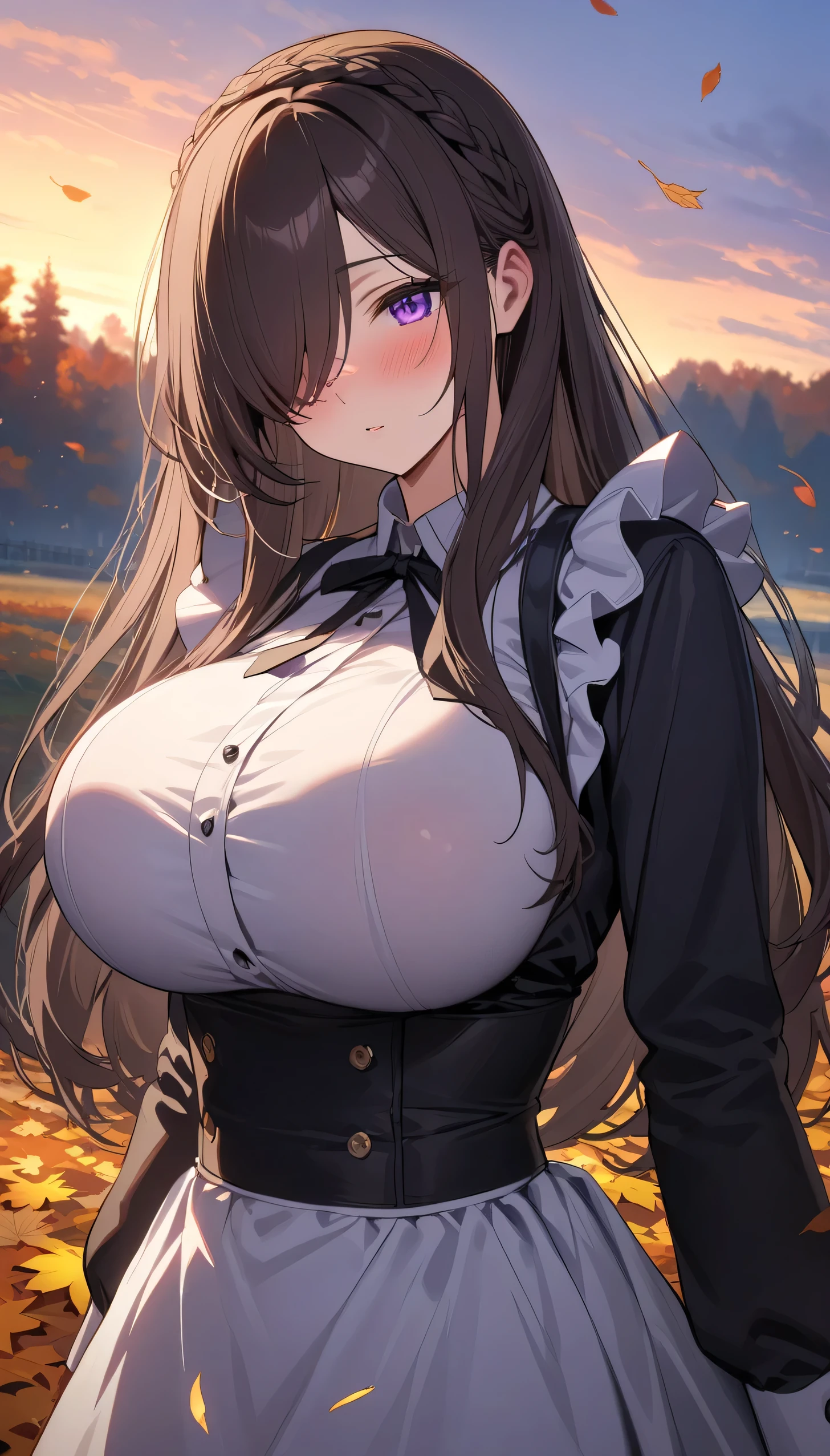
Highest quality, shape, Very detailed, In detail, High resolution, 8k wallpaper, Perfect dynamic composition, Beautiful details, Center of chest, Natural color lip, Random sexy poses,smile,20-year-old girl,Huge , A woman with long wavy brown hair wearing a black dress and a white frilly apron