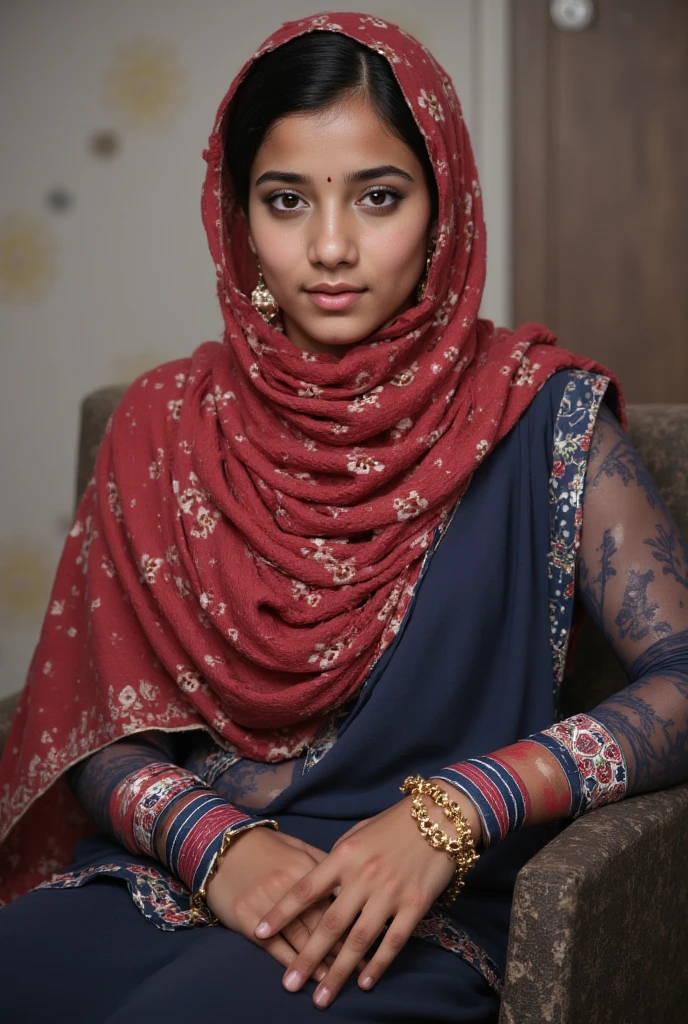 Fair and beautiful ,stunning ,curvy 18 year old Indian Muslim woman wearing a dark pink hijab and dark maroonish puce abaya frock with embroidery showing cleavage low neckline in depth of field apartment interior background , medium close up shot , shot on iphone 13 , professional photo , no makeup