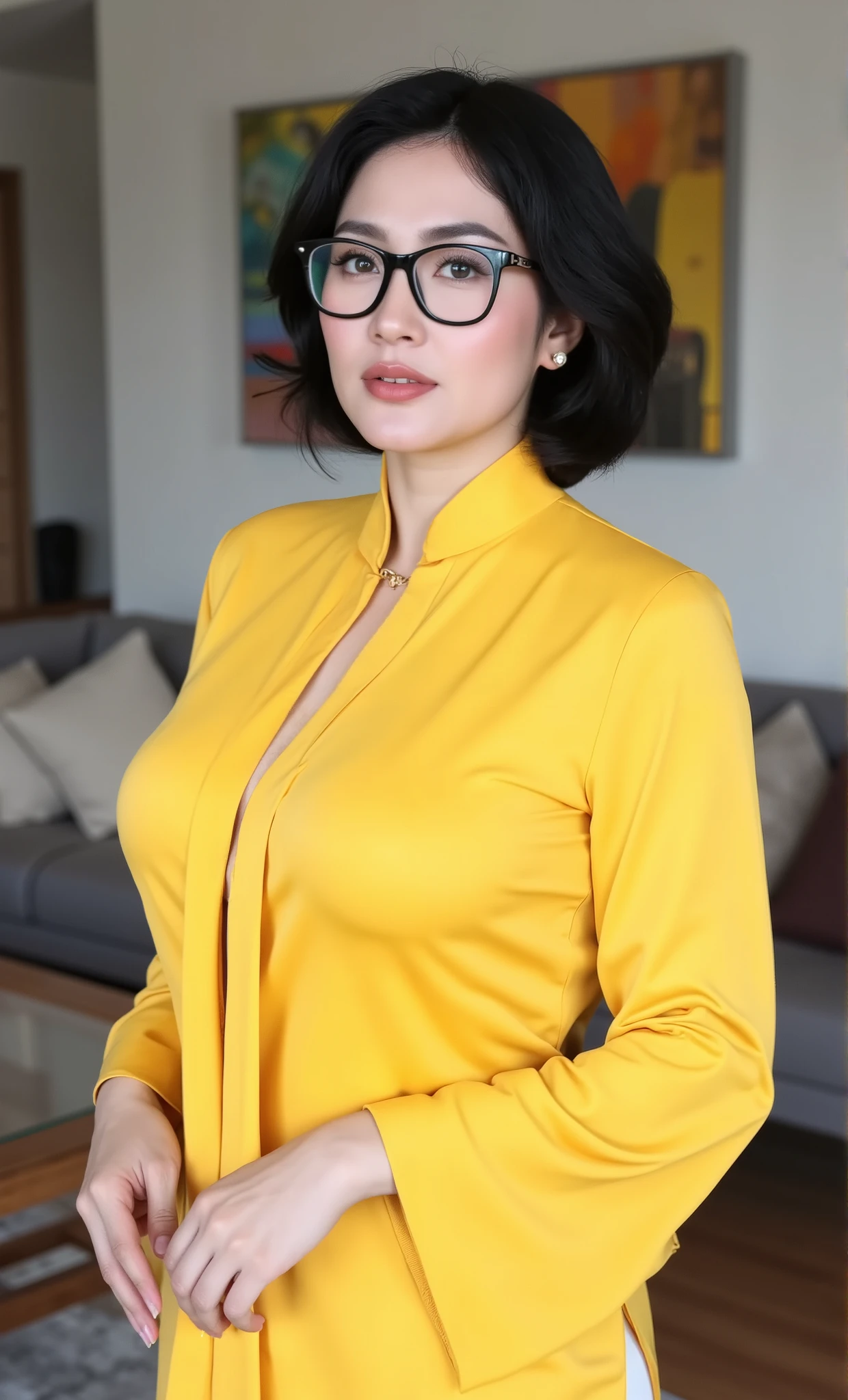 (Masterpiece: 1.2, Best Quality), Realistic, (Realistic Picture, Complex Details, Depth of Field), Best Quality, Masterpiece, Highly Detailed, Realistic, 1 mature, indonesian old wife, 55 Years Old, chest forward, big breasts, thin lips, beautiful and seductive, curvy body, perfect shape vagina, wearing yellow hijab, wearing yellow kebaya, full body view, look at viewer, full photo, background living room, black frame glasses, look at viewer, sexy model style pose, perfect hands shape, perfect fingers shape, complete fingers,