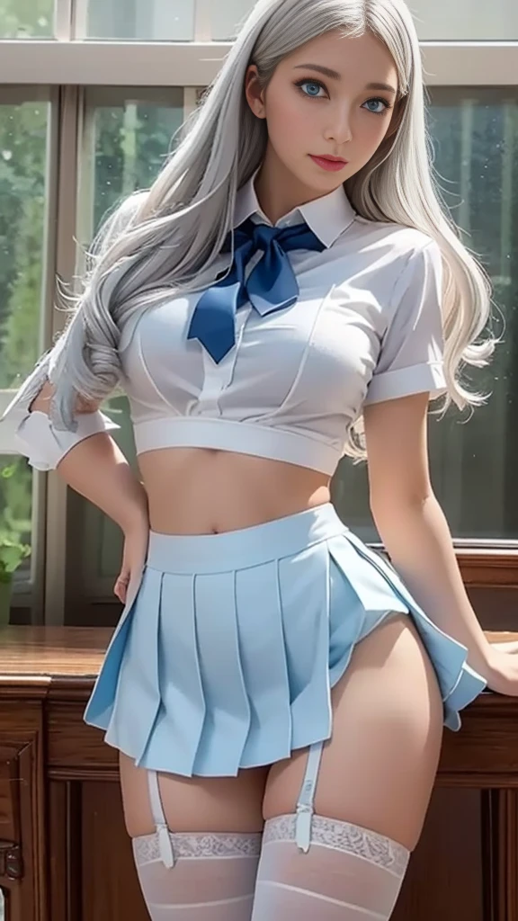 (1womanl), Beautiful, Amazing face and eyes, makeup, （Girl with wavy hair、White hair）、(extremely detailed beautiful face、Sexy mole in the corner of the eye), seducting smile, (Beautiful big breasts:1.3、small areolas), (Best Quality:1.4), (Ultra-detailed), (extremely detailed CG unified 8k wallpaper), Highly detailed, RAW Photos, Professional Photography, ((School Uniforms)), ((Mini skirt)), (Big topless), (Spread your legs), (:1.3), (View from below、Vaginal view）、molesting、Being raped、Touching the vagina