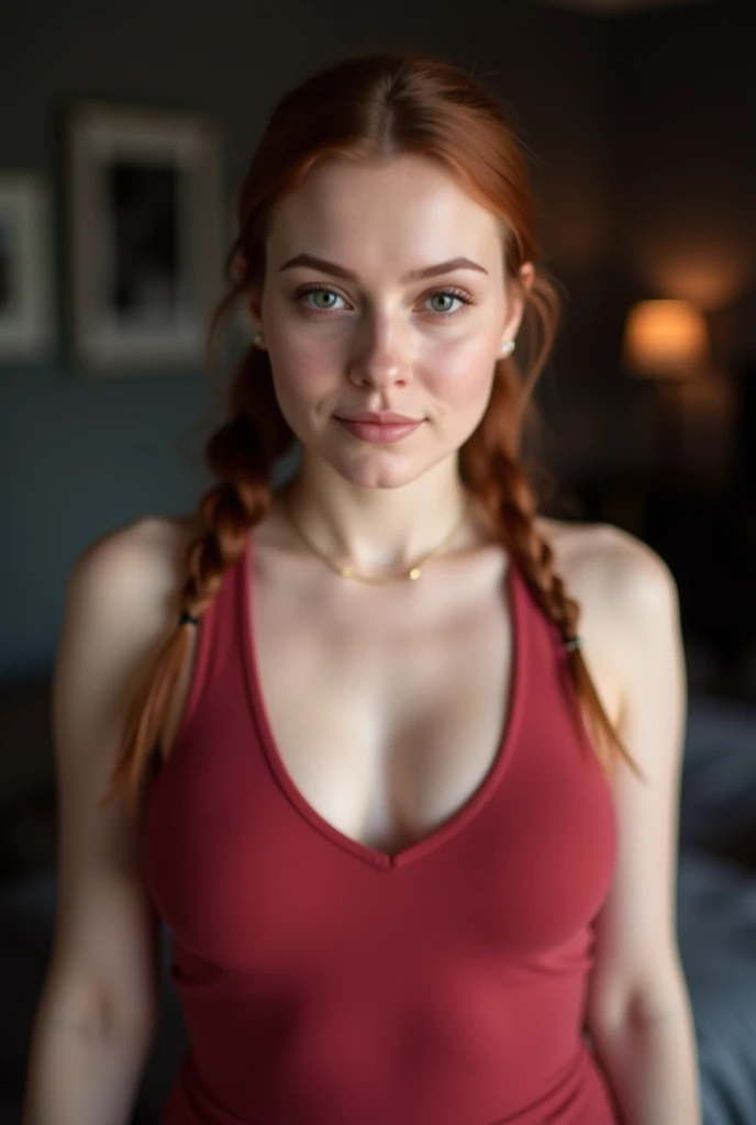 an eye contact of a ginger-brown with bun hair and huge bust, red tight tank top katyasitak