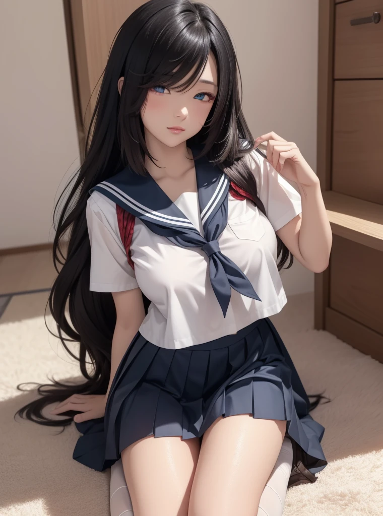 1girl, chitanda eru, long hair, black hair, school uniform, purple eyes, white shirt, white socks, pleated skirt, bangs, black sailor collar, neckerchief, black skirt, long sleeves, (shirt lift:1.2), navel, bra,