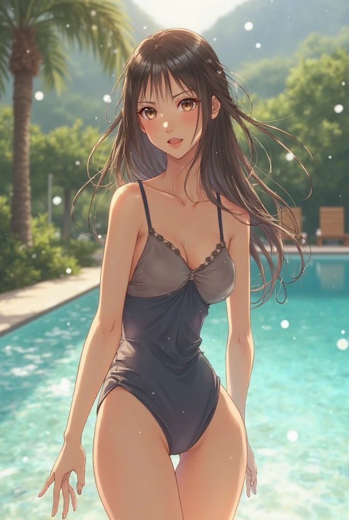 Beautiful barefoot Japanese woman in a swimsuit