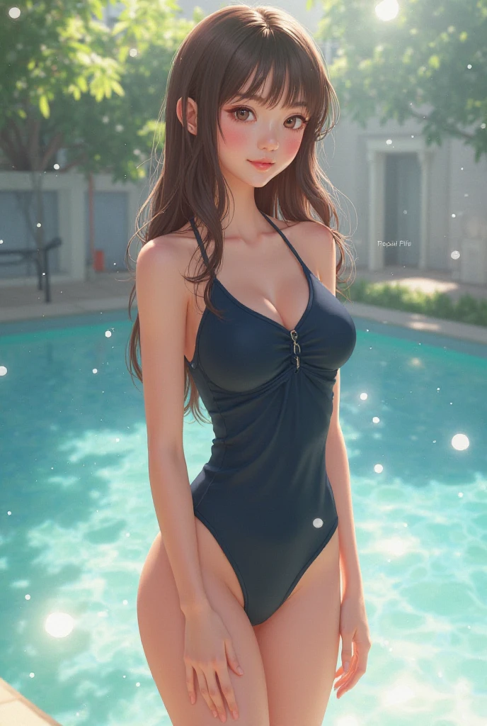 upper body photo of a young girl in a black tight cami, pale skin, (((erect nipple))), Bangs, Bare Shoulders, black tight(short:1.37)panties, beautiful big breasts, Breasts squeezed together, in the pool, detailed pool background, Hair between the eyes, Long hair, oval face, double eyelids, Parted lips, brown eyes, solo, ((areolas)), (cleavage), armpit[wrinkles], delicate and sexy(collarbone:1.3), light brown hair, (Shiny skin:0.8),(Masterpiece:1.4),(Best quality:1.4), Natural(medium breasts:0.7), Shiny Red lips, Perfect abs, (sheer areola), (sheer fabrics), wet(sweaty, soaked), low angle, (from below angle), high detailed skin, skin pores, (sfw)