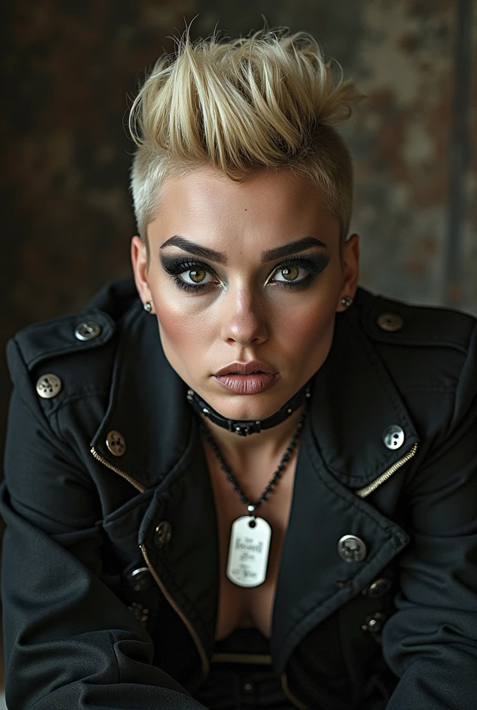 russian milf woman, grey hair (high pompadour, top bun), with very light blue eyes, extremely pale skin. All neck tattooed. Hands and forearms all tattooed. Wearing cropped aged black moto jacket with lots of zippers and pins, flipped up collar.. black lace push up bra. Dark blue skinny jeans.. flip flops. . Dirty knees, dirty feet and muddy hands. Squatting on a puddle with hands on her hips, looking up, chin up, stretching her neck , humble facial expression. Black nail polish. studded black leather tote bag with chain on the floor, next to her.. Listening with tilted head,looking up in amazement to somebody speaking to her from the sky, upper teeth visible. Well toned abdominals, thin neck, slim legs and thin arms. Narrow hips Cleavage, stomach, neck, and hands completely covered with tattoos. Dirt street in Kenyan village full of waste. Lots of silver bracelets, silver pendants, and big pearl collars and necklaces around all the neck. A lot of tanned fat women in traditional dresses around looking at her. next to her, all her belongings scattered on the floor: tobacco packs, makeup kit, little makeup mirror, studded black leather tote bag, lipstick, wallet, moble etc on the floor, point of view; from above
