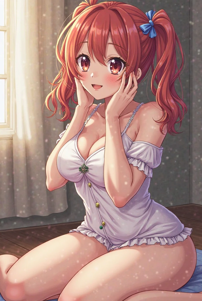 elysia, long ginger hair, beautiful face,smiling,close up upper body, moderate breast, sitting on bed, wearing beautiful white sleepwear, (open mouth:0.4),illustration,detailed textures(realists),ultra-detailed,portrait style,vivid colors,soft lighting, blushing, mature, no bras, full body, sexy, lingerie, tights, open mouth