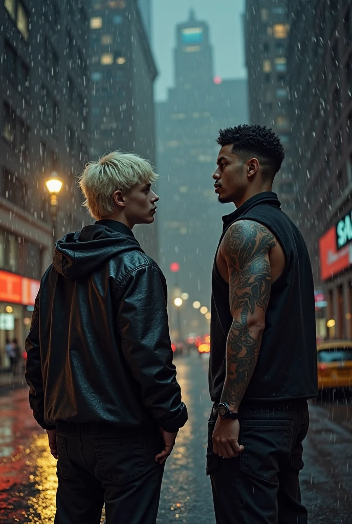 Red-haired man with short straight hair wearing sexy clothes, another man he is black with hair with a black hairstyle and a golden streak, he is wearing a cropped top