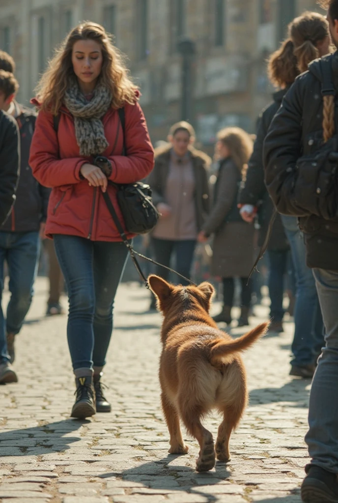 A cinematic ultra-realistic 8K shot capturing a dog defecating in a crowded public square, held by a woman. The scene is filmed with an ARRI ALEXA 65 camera and Canon K-35 24mm lens, with an f/2.2 aperture. The lighting is natural and HDR, highlighting vibrant colors and intricate details of the surroundings. The dog's fur texture and the woman's clothing are hyper-realistic, with a laser IMAX effect. People in the background move naturally, some distracted, others noticing the scene. The square's pavement is textured, and the environment reflects the bustling energy of an urban space. Image stylized at 750 for an artistic and highly detailed effect."