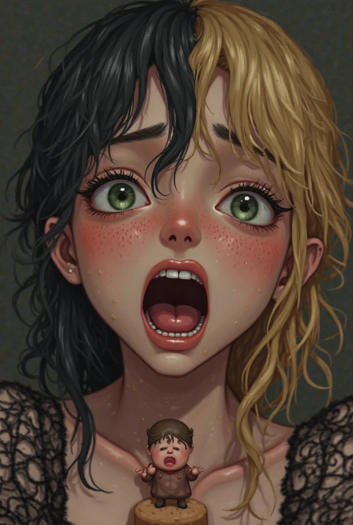 1 girl,king,curly hair , with two pigtails to the sides , eyes of excitement,excited face , well developed body, with a miniskirt,low neck shirt , The shirt is torn and an excited nipple is visible,She is standing with her legs open,A man is licking his female genitals with his tongue , the man is fat and white , With glasses , the girl likes that