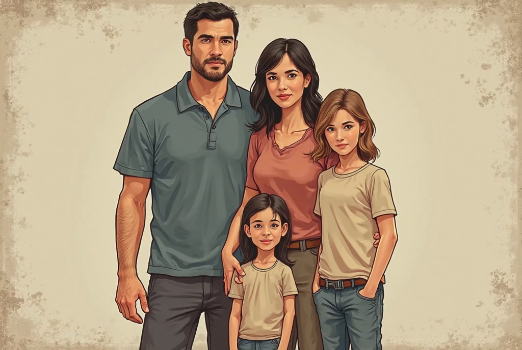 Create a man who has the following characteristics: 175cm tall, 85kg weight, short black hair, White polo shirt, At his side a woman 160cm tall, 55kg weight, by the wide, smooth and black. These people are Chilean. They also have 2 children., a girl and a boy.
