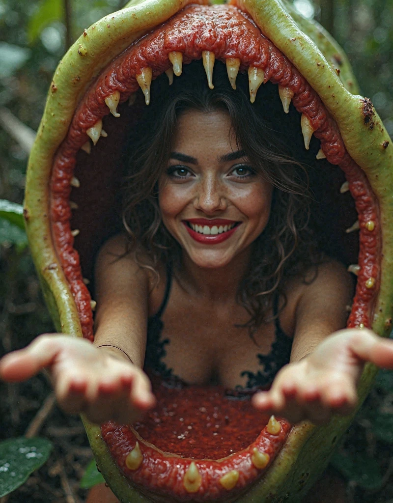 Erotic horror, bizarre! A terrifying man-eating plant sets a sweet and dangerous trap! On a horrible swamp island where human bones have piled up, a femme fatale with unparalleled beauty, brown hair, red eyes, dark lips and honey-colored skin peeks out from the predatory mouth of a gigantic, eerie, man-eating pitcher plant with psychedelic primary colors, staring at the viewer with a seductive smile, and holding out both hands to lure you in with carnal desire as bait. Character focus, pov, looking at viewer, evil seductive