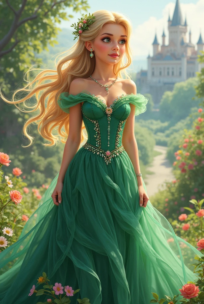 (​masterpiece, best quality:1.5), highest quality, High resolution, super detailed, realisti, Full body photo of blonde women, detailed and beautiful eyes, beautiful detailed lips, very detailed eyes and face, longeyelashes, Women in green evening dress. Beautiful and colorful makeup, elegant and noble々Pose,shiny crown and jewels, Royal gardens as background, soft daylight, bright colors, fine brushstrokes, Portrait style, Exquisite details in the dress fabric, beautiful color palette, glowing skin, First-class rendering, that captures every detail, enchanting atmosphere, subtle shadows and lights, (perfect anatomy:1.2), (magnificent panorama view:1.2)