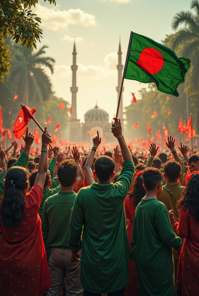 The painting could depict a vibrant street scene in Dhaka, with students leading a protest, holding banners that symbolize unity and Bengali nationalism. The backdrop could feature iconic landmarks, with murals on walls reflecting the spirit of non-communal harmony, highlighting cultural symbols like the Bengali alphabet and traditional motifs. The overall composition should convey the energy and determination of the youth in shaping a unified, inclusive Bangladesh in 2024.