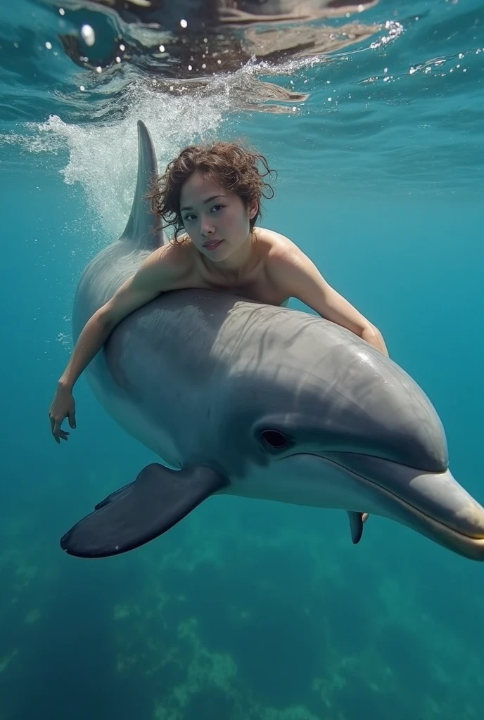 (nudity, explicit, :1.1) 8K、Top image quality、masterpiece、19-year-old woman、(((Little girl riding on a dolphin in the sea))、a closeup、naked、Grabbing the dorsal fin of a dolphin、Exhilarating and exciting、Cinematic lighting、foco nítido