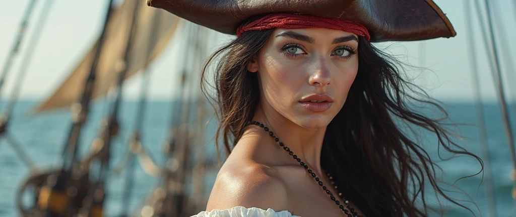 (best quality), (masterpiece), 8k, ultra resolution, ultra realistic, hyper detailed, stunning, beautiful, attractive, a woman in a pirate costume standing on a boat (pirate of the caribbean), perfect body and face, beautiful sexy woman photo, trending on pinterest, with dark brown hair, leblanc, bust with a beautiful neck, movie photo, black pointed hat, navel, she is about 20 years old, aruba, eyecandy, realistic proportions sfw