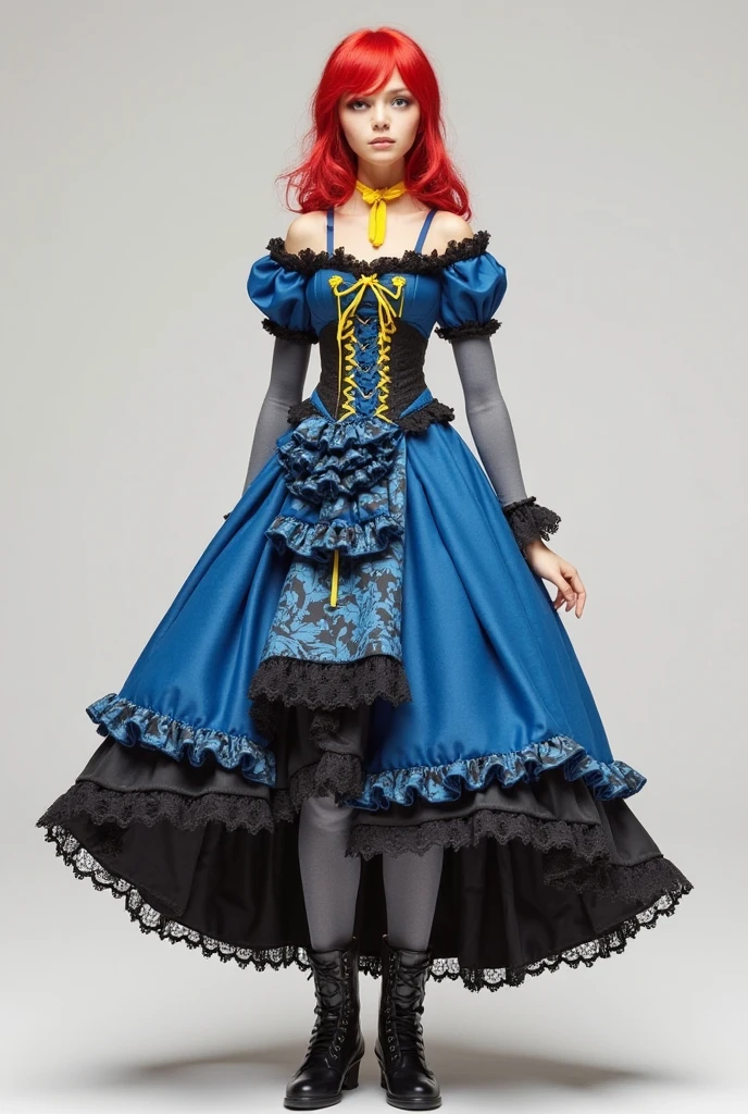 a female figure wearing an empire-style dress. The dress is predominantly blue with details in black and yellow. The upper part of the dress has a blue bodice with a floral pattern, adorned with ruffles and yellow ribbons. The skirt is wide and multi-layered, with a blue upper layer with ruffles and a black lower layer with lace on the edge. The figure wears gray tights and black lace-up boots. Besides, has a yellow ribbon in her hair and another one in her neck, Complementing the vibrant red outfit.