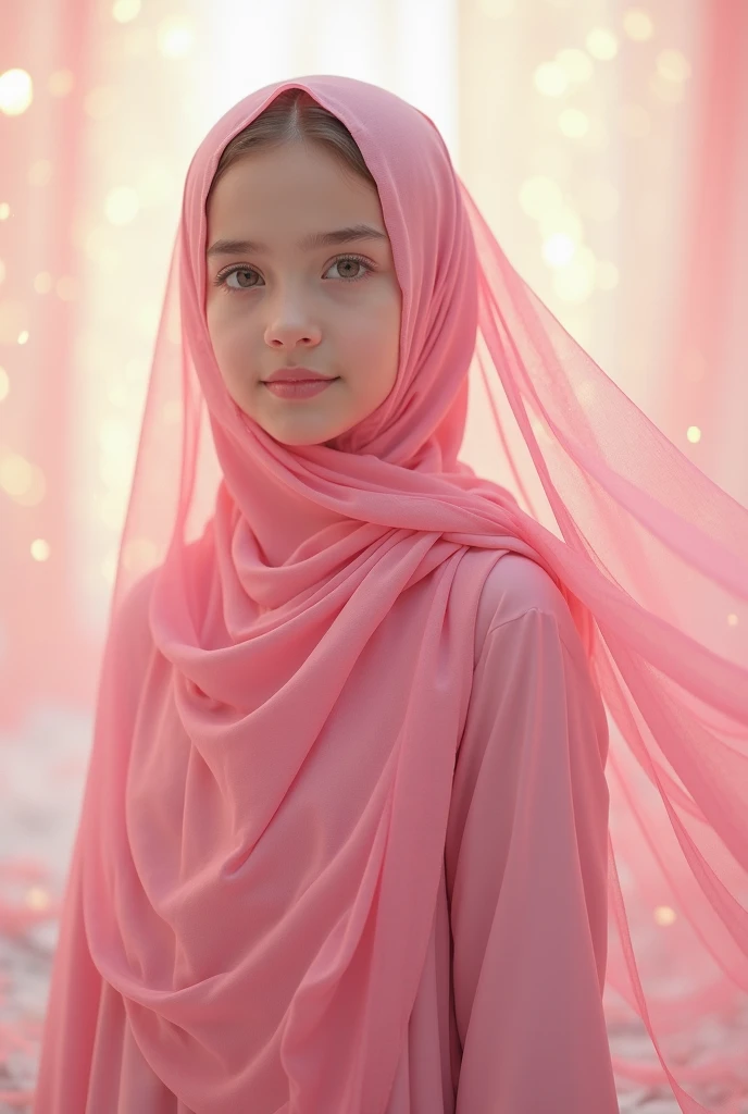 1 malay girl, short, small breast, flat chest, flat stomach, baby face, cute, 8 years old, modern plain flower hijab, shy, medium portrait shot , wet , glowing particles, wear pastel lingerie, light bokeh background, proportional body,