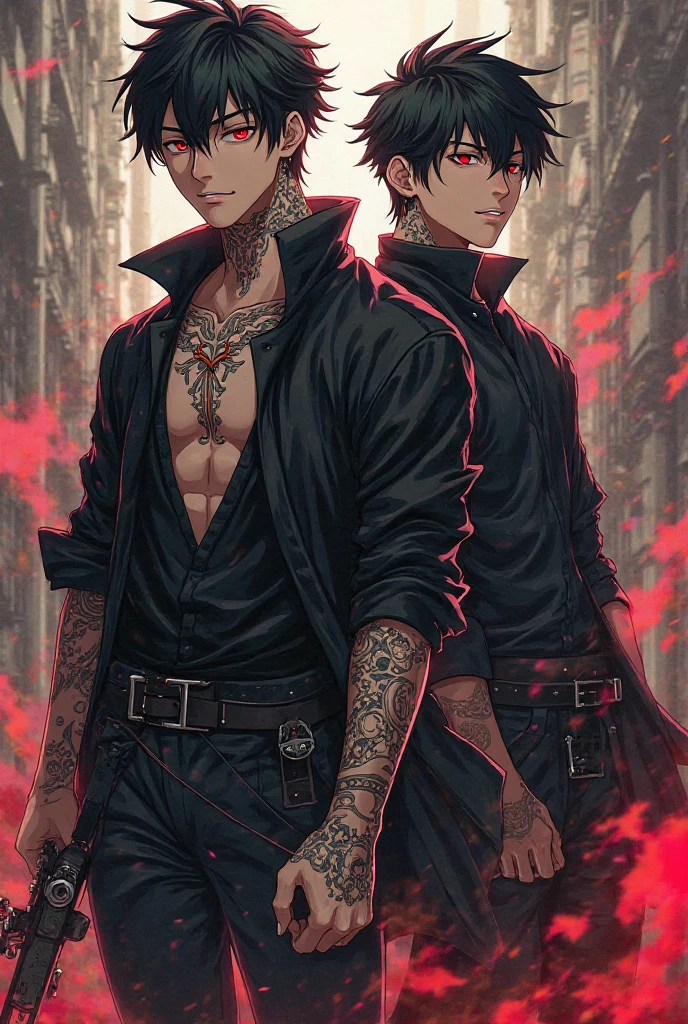 Detailed design of the male figure. The name is leo, black hair red eyes, muscular, Handsome, has a tattoo on his chest