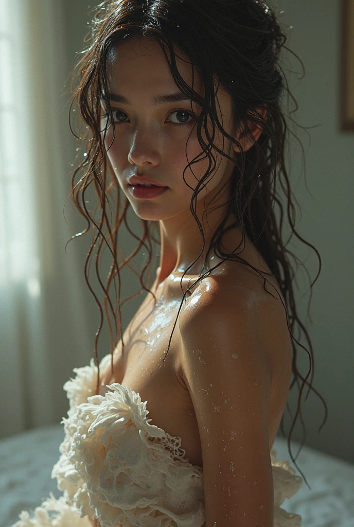 ((full body shot)), ((masterpiece, best quality: 1.3)), 1 gorgeous girl in wet white underwear taking a shower, ((artful poses in the shower)), shower running, realistic, medium large breasts, oval face, ((v shaped jawline)), proportionate body, wet shoulder length dark brunette hair, ((silky straight hair)), light complexion, ((natural lighting)), (((cinematic))), dimmed colors, dark shot, muted colors, film grainy, provocative poses, beautiful female hands, beautiful feet, skin texture, teasing look at the viewer, ((seductive expression:1.3)), (((wet body))), nipple marks