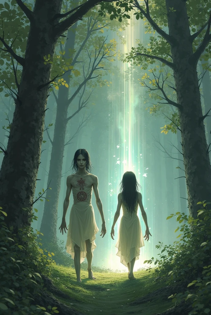 Two indians, a girl and a guy in a forest, the girl is wearing a flowy gown and is running ahead of the guy. There are snakes on the trees, and ladders near trees too.
Make it black and white