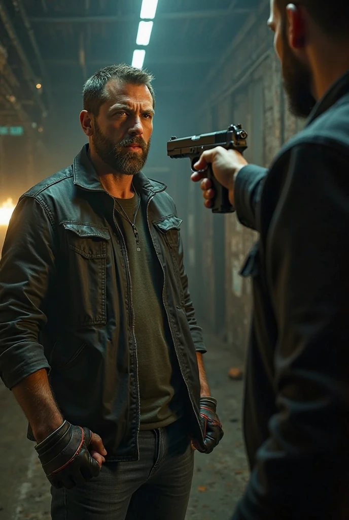 A bloody man points a gun at a man who kneels and raises both hands