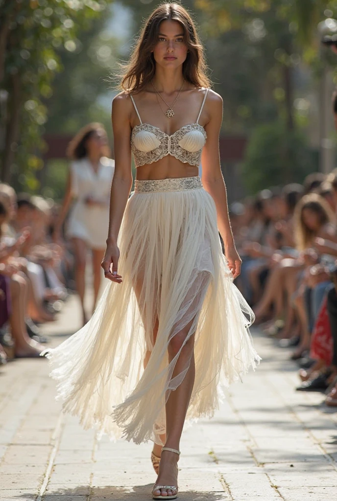 European woman model wearing halter top and short pleated skirt set