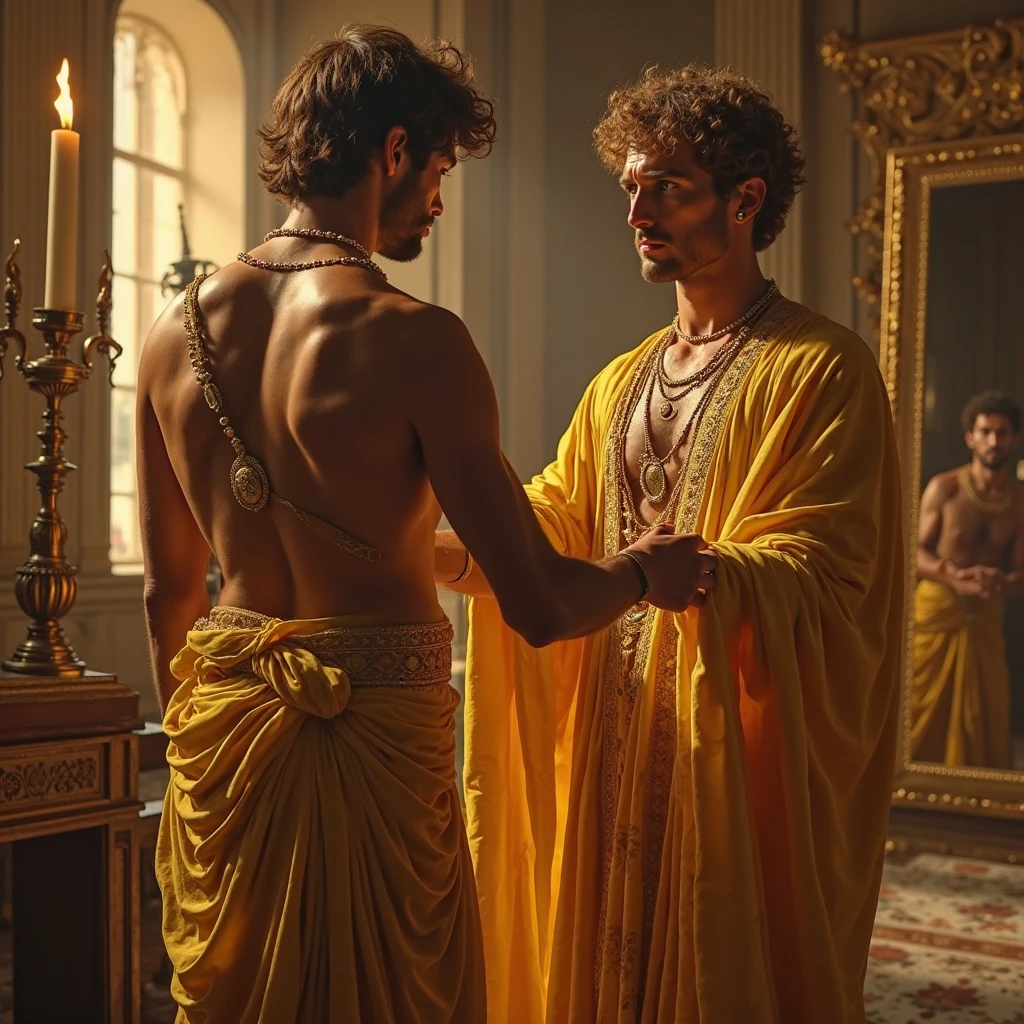 Picture a breathtaking scene of two majestic rooms, illuminated by the best quality, ultra-realistic 8K image. The intricately detailed Arabian decorations adorn the walls, with swooping drapes cascading down from the ceiling. In the background, a towering portal exudes an air of mystery and wonder.
In the foreground, two handsome Arabian men, each in their prime at the age of 30, are kneeling on a plush, pearl-white or peach-orange bed. Their toned, thick bodies are on full display as they wear seductive, short, silk boxers. The room is bathed in soft, warm