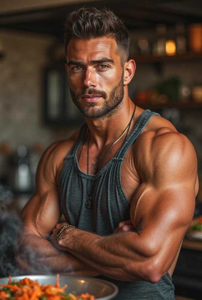 (mid_shot:1.3),(1 male:1.2),(muscle man:1.1),1boy, 25 years old, solo man, tan skin, white to black faded hair, body tattoo with runes, body hair, facial hair, full beard, medium beard, shirtless, bulge, bulto, sexy , brewing coffee, barista, photorealistic, photo real, mixed race, mid-shot,