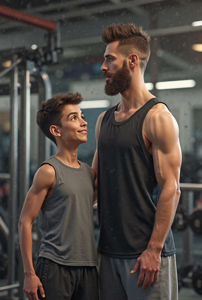 A tall  white boy with short black curly hair getting an injection in a gym by a muscular black man On a movie cover with the name Pedro and the applicable creatine 