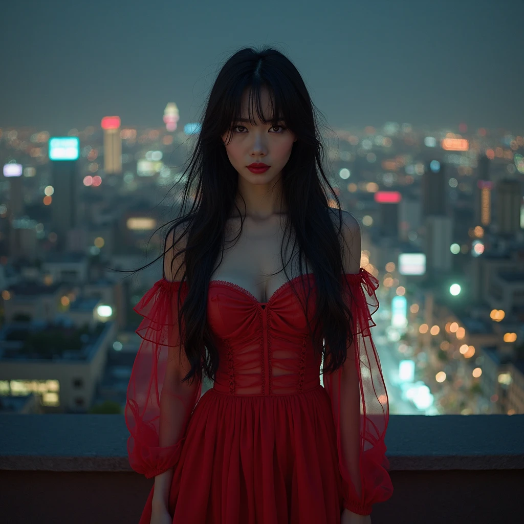 Satanic、despair、Devastation、natural disaster、middle ages、Red full moon、Woman looking up to the sky and shedding tears、Place your hand on your chest、Sad look、Light makeup、Fluffy camisole