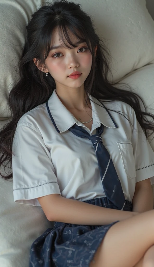 absurdres, RAW photo, extremely delicate and beautiful, masterpiece, Best Quality, ultra high resolution, 32k, hyperrealistic, ultra-detailed, perfect figure, Perfect Style, Perfect balance, in her 20s, very small head, very small face, delicate facial features, tearful mole, earring, very huge breasts, bare legs, full body shot, medium hair, black hair, collared shirt, shorts,