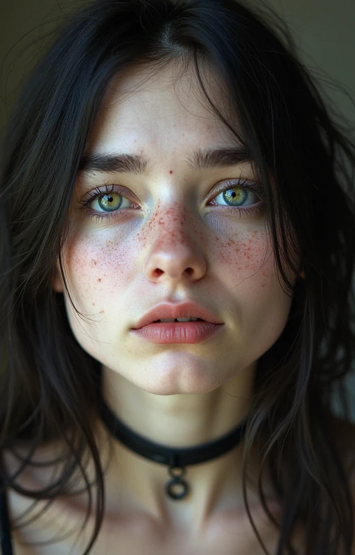russian girl, yellow eyes, amber eyes, black hair, long hair, dark hair, freckles on the face, pale skin, White skin, fringe, fringe, serious face, pink lips, splattered nose, russian woman, beautiful