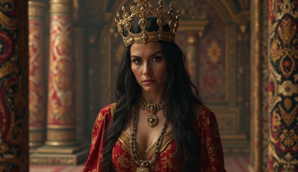 A high quality 2000s fantasy movie still, with heavy film grain. (full body photo). Soft, dramatic lighting. A seductive evil ((45 year old)) (Jewish woman), straight hair, queen, revealing outfit, large chest, ((plunging neckline)), wearing small ruby tiara, Large nose, wide chin, with broad shoulders, (thick body), wide hips, tan skin, long flowing open cape. Set in open fantasy (throne room), with a view to outside, beautiful masonry of an ancient elven castle. Soft warm candlelight. High Resolution, Very Long Hair, Large breasts,