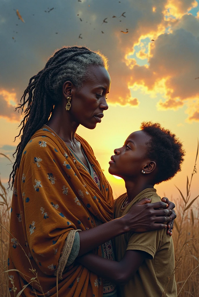 Imagine an African mother, very thin, sitting in the lotus position with a black-skinned, white-haired baby on her lap, a slightly illuminated aura around the baby's head, the baby looking at his hungry mother in the eyes and a tear falling from his mother's eyes, the mother has an illuminated aura around her head that forms the silhouette of a tree of light where the mother leans. In the background, a desert landscape with many burned trees and dead cattle on the ground.