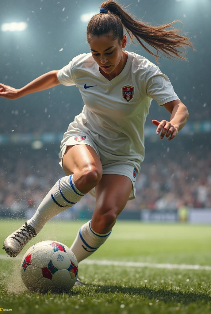 (photorealism:1.2), beautiful women's soccer long hair brunette in adidas uniform player, grimaces foul slide tackle, realistic, 8k, injury leg