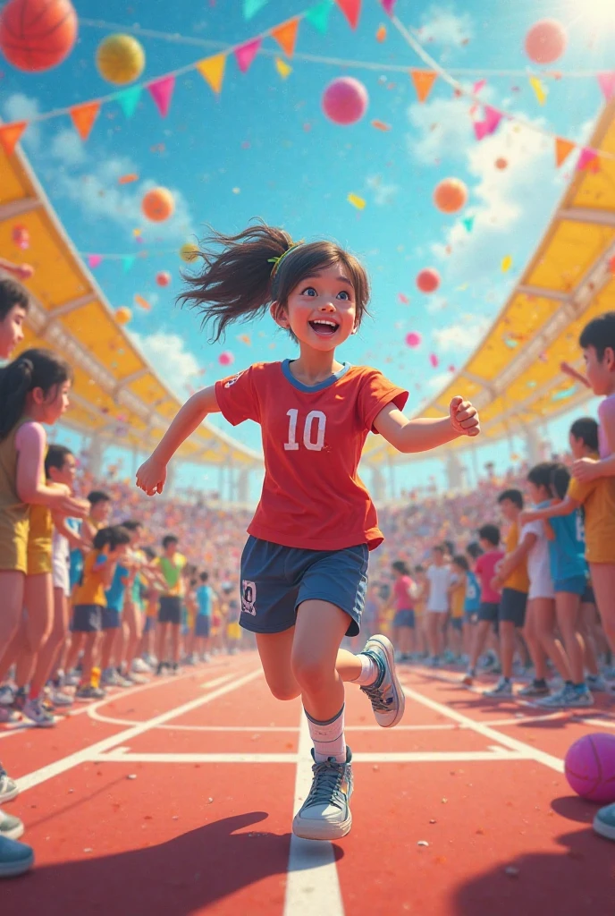 A cute chubby little girl,Double bun and bangs,Holding the Asian Games torch