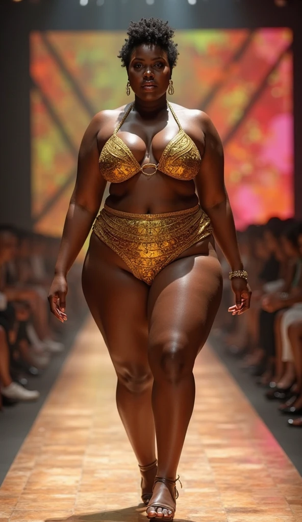 Plus size model, bloated belly, African woman, bikini, runway