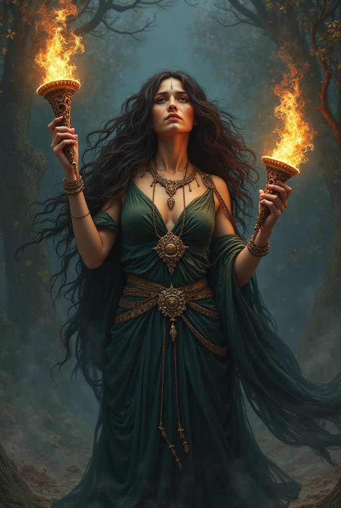 Hecate
There are many beliefs surrounding this goddess from Greek mythology. In addition to being the goddess of death, she was also associated with magic, blackness, fertility, ghosts, spirits, and her knowledge of plants. Her image holding two torches signals protection, which, by the way, some people believed she was the guardian of the border between the real world and the other.