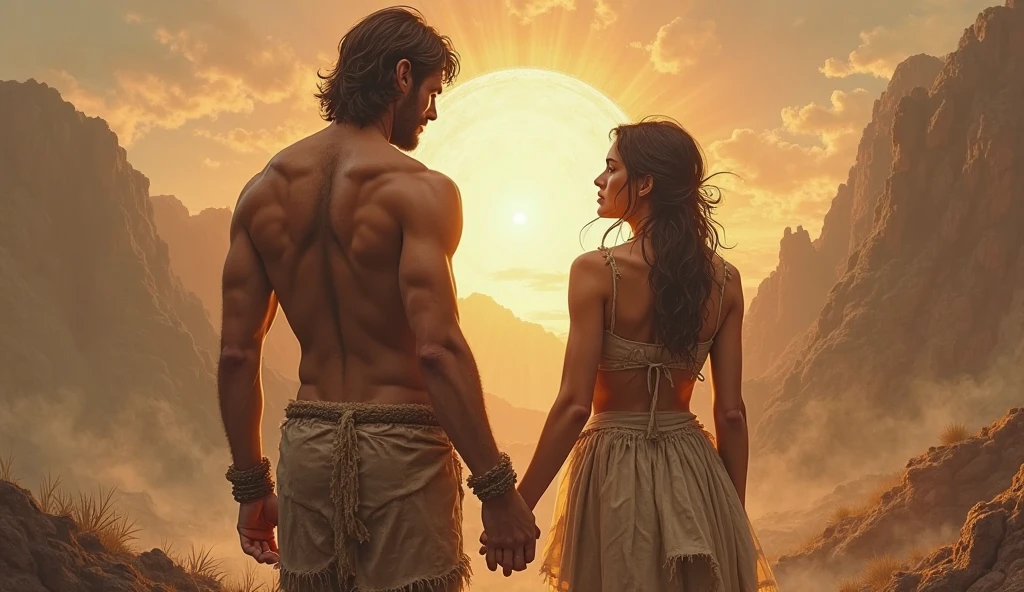 prehistoric man looking at the sea; sunset, hugging your partner; rain falling