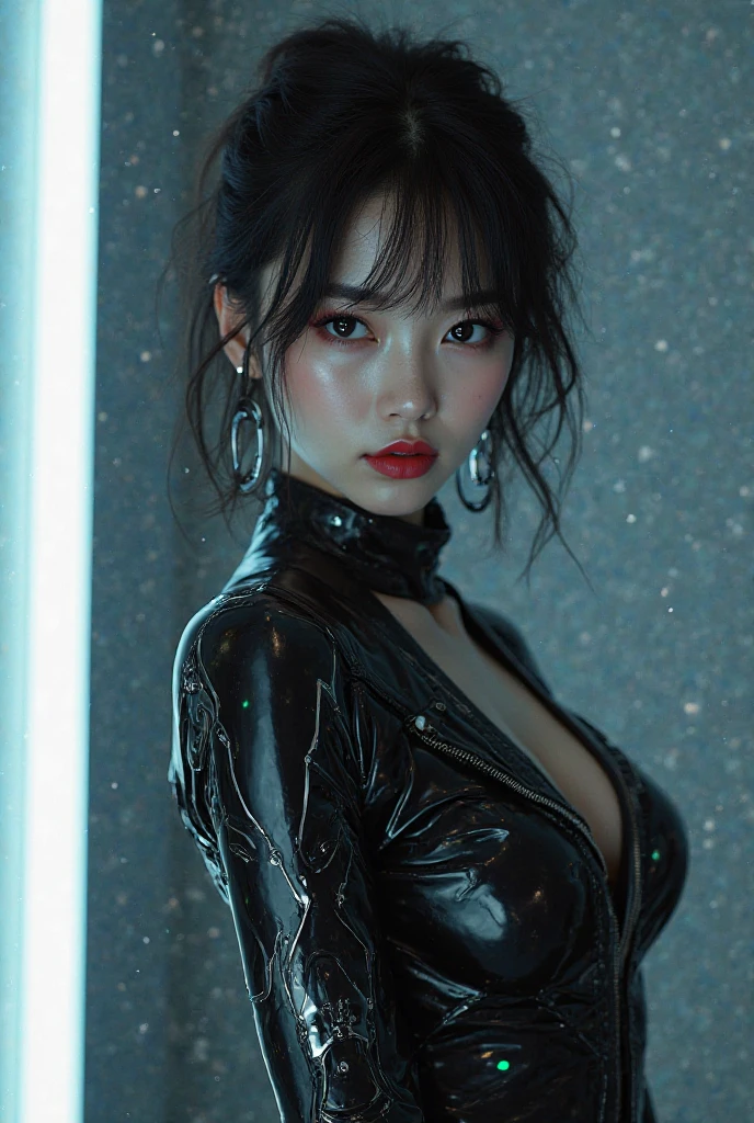 (Best quality, 4k, Masterpiece :1.3), pretty woman, 1girl, sexy :1.1, dark brown hair: 1.1, (rainy wet, wet from rain, wet body :1.2), naked body, medium size breasts, wearing tight black leather shorts, black ankle boots, hands on her hips, ultra-detailed face, detailed lips, detailed eyes, double eyelid