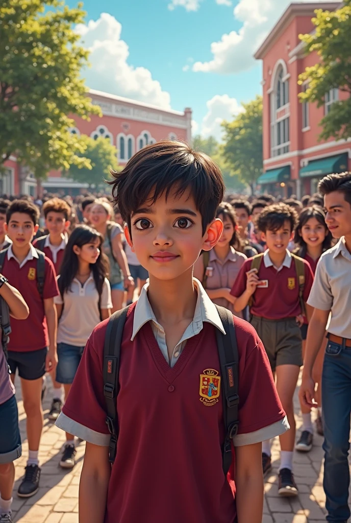 ren standing in front of school with other pupils 