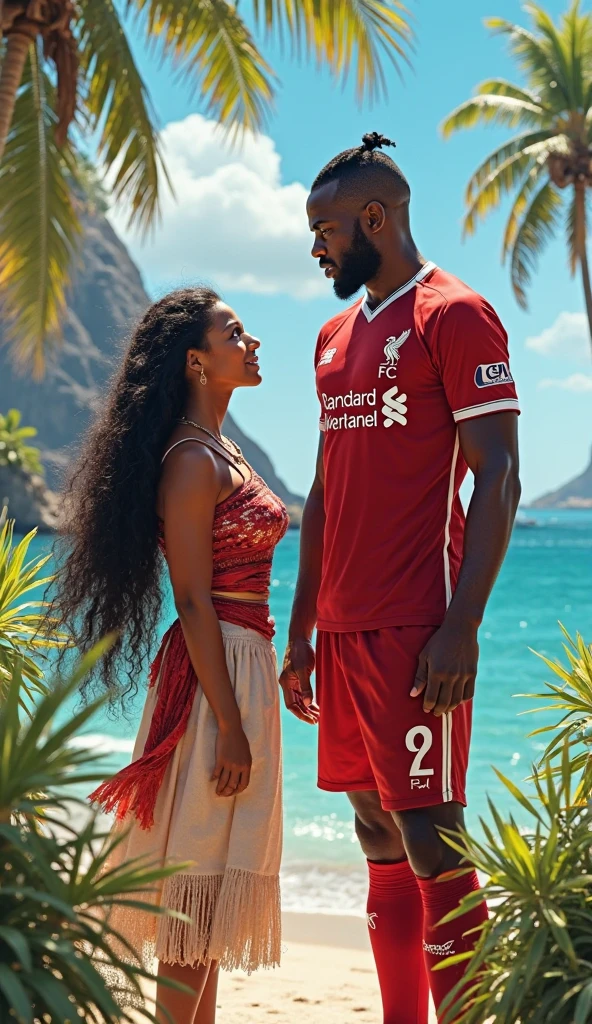 Un couple malgache dans une plage magnifique, la femme porte un maillot de Real Madrid écrit sitraka et l'homme porte un maillot de Barcelone écrit Kenny. Image prise par derrière 
L'homme avec de cheveux très courts et avec de lunettes de soleil 
Ils ont tous les deux la couleur de peau un peu plus clair 