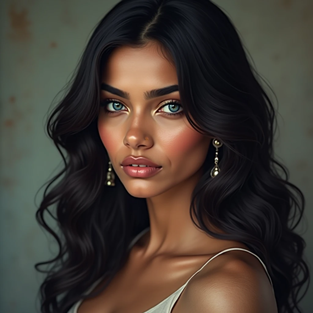 Woman with black wavy hair , of hindu beauty, large, expressive black eyes, long nose small mouth, Oval face, with hair to one side in a photo pose, orange lips, black eyelashes, clear skin, navel blouse

